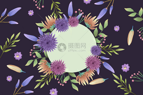 黑底粉紫色花卉圆形边框背景图片