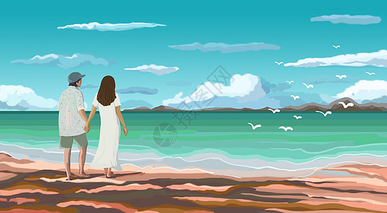 散步海边的情侣插画场景图片