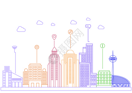 城市建筑与图标融合线性创意设计背景图片