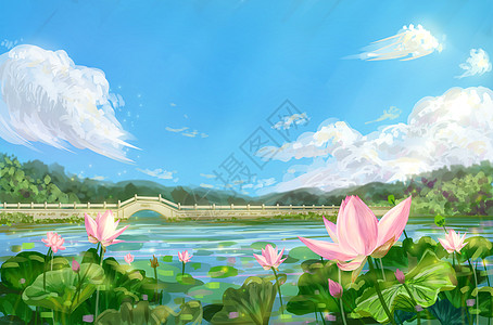 夏季海报背景夏日绮想-夏天荷花莲花池塘插画