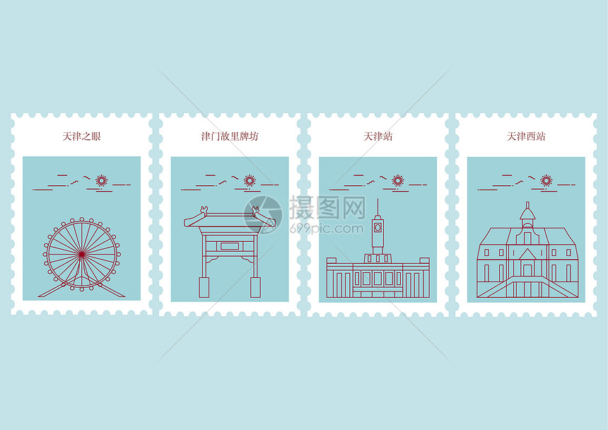 天津地区线性地标矢量图