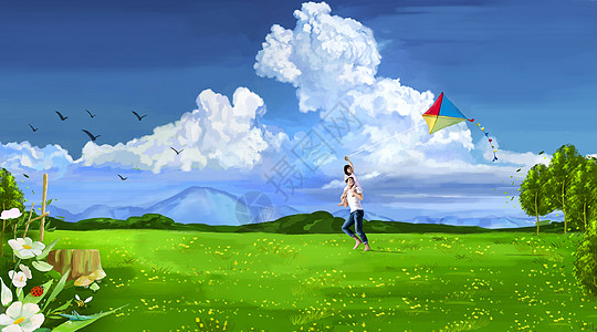 女性户外跑步郊外放风筝的父女插画