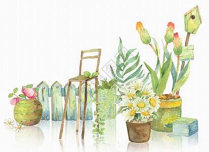 院子手绘水彩花卉盆景插画