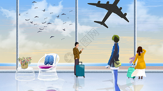 机场拉行李箱旅行插画