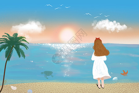 黄昏大海夏日海边看日落的女孩插画