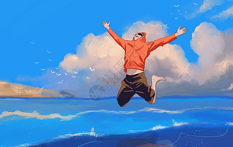 青春旅行海边跳跃的青年插画