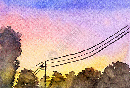 夕阳下的电线杆水彩画图片