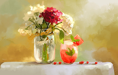 夏天静物西瓜汁与花卉静物插画