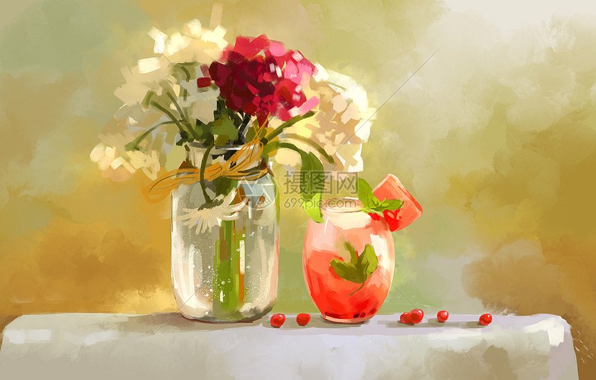 西瓜汁与花卉静物插画图片下载-正版图片400148818-摄图网