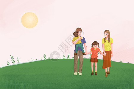 幸福的一家三口亲子旅游看风景插画插画
