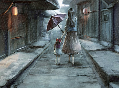 下雨的街道 母亲给女儿打伞图片