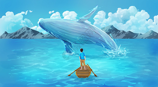 去海边游玩与鲸鱼相遇的少年背景图片