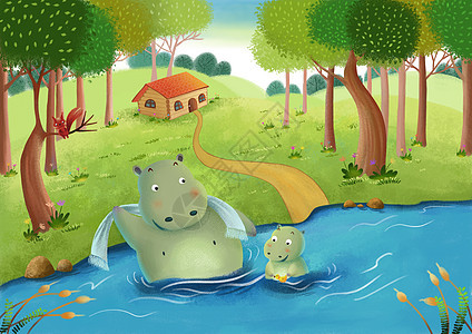 儿童插画洗澡河马背景图片
