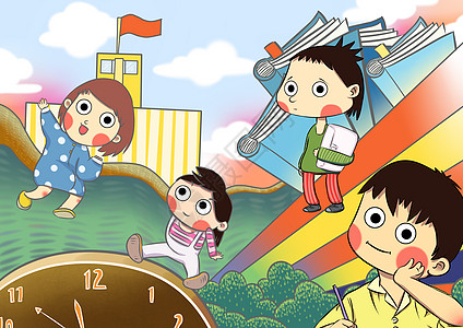 校园小学卡通校园生活长廊插画