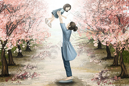 低碳漫画素材母亲节樱花树下母子嬉戏插画