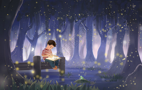 森林中看书的小男孩图片
