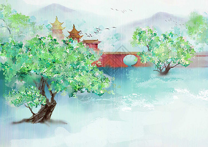 地球一小时插画  |大脑的记忆插画  |古风唯美小湖边草坪背景插画