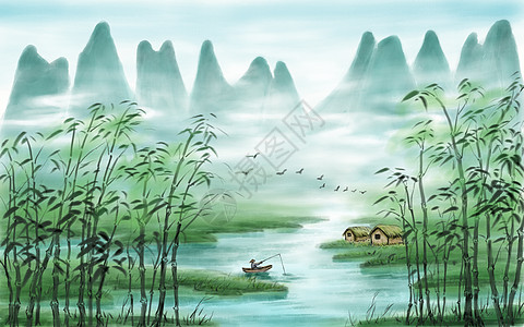 翁丁水墨山水画背景插画