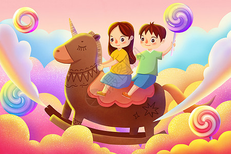 迪斯尼乐园骑骑在木马上面的孩子插画