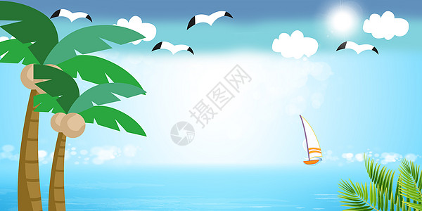 海插画蓝色夏日清凉沙滩背景设计图片