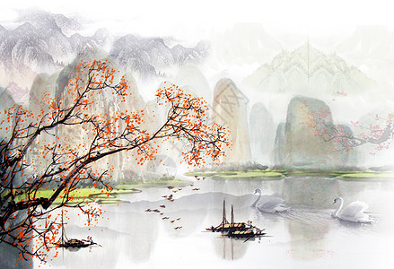 中国风展架中国风水墨山水画背景插画