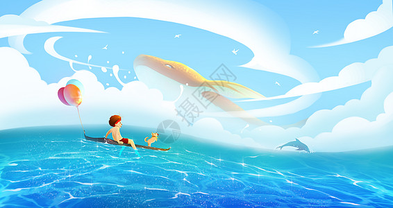 儿童泡泡浴儿童节海上游玩插画
