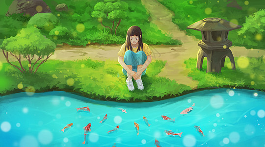 夏日水边赏鱼的女孩背景图片