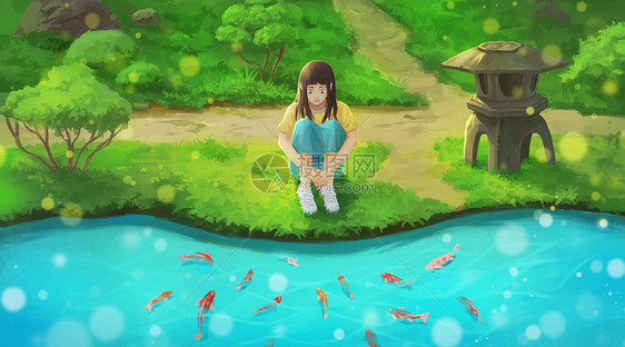 夏日水边赏鱼的女孩图片