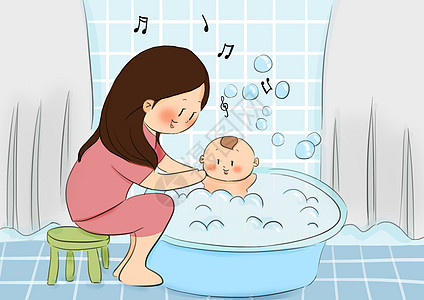 浴室正面给宝宝洗澡插画