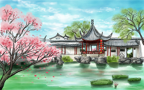 亭台楼阁水墨水墨画风景画背景 苏州园林插画