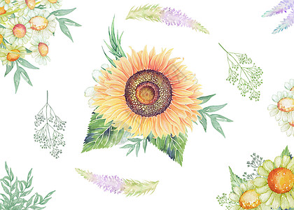 浪漫边框手绘水彩花卉背景插画
