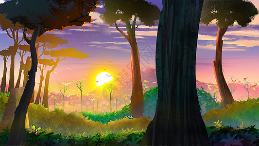 日落森林里的黄昏插画