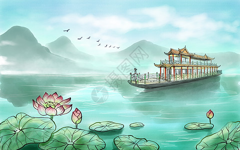 风光秀美水墨山水画背景 游湖插画