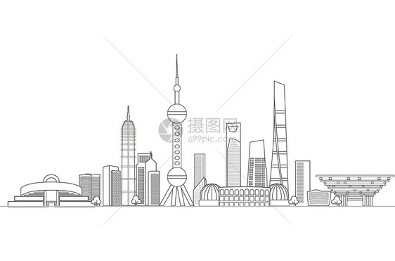 上海地标都市线稿图片
