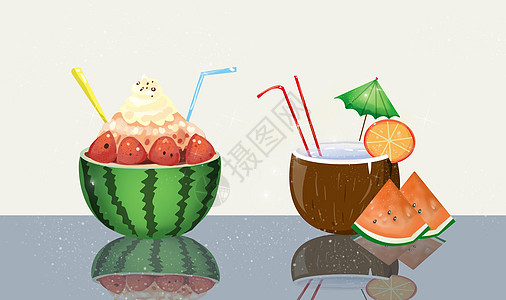 西瓜冰激凌夏天椰子壳高清图片