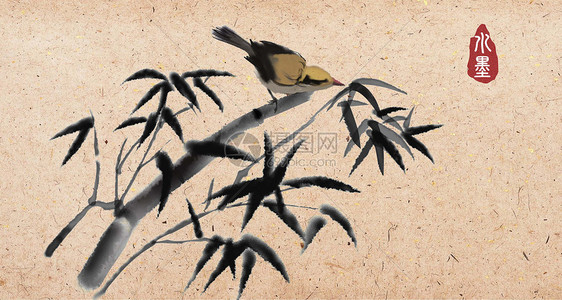 竹子上的鸟水墨图片