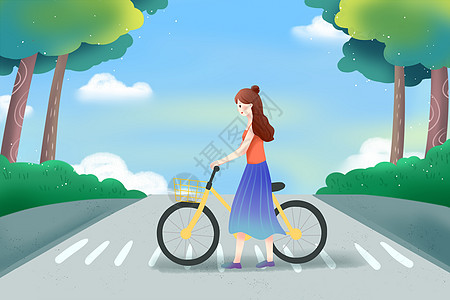 骑脚踏车骑自行车 过马路插画