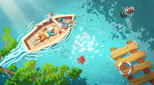 儿童节促销夏季划船钓鱼的兄弟插画