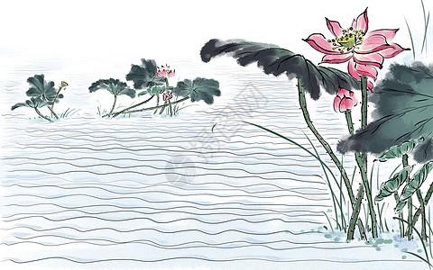 水墨荷花流水背景图片