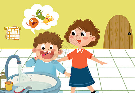 浴室 小孩儿童刷牙卫生插画