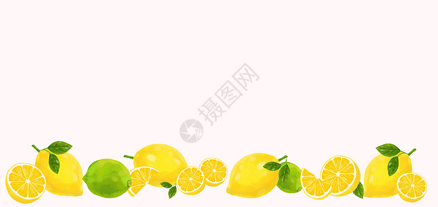 柠檬叶子柠檬二分之一留白背景插画