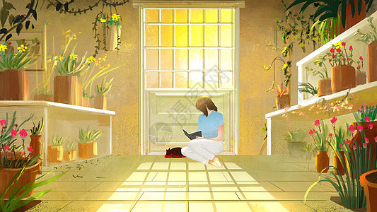 花室里看书的女孩图片