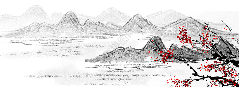 ps素材红梅中国风山水水墨背景插画