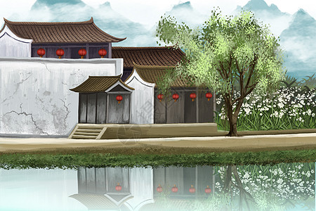 云雾建筑乡间风景插画