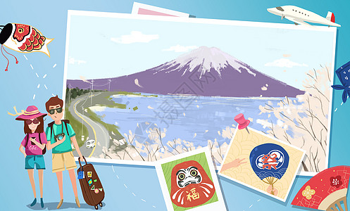 日本旅行带着行李箱出国高清图片