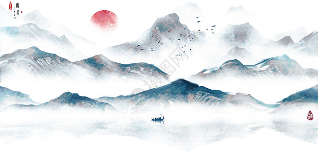 展示墙中国风水墨山水画插画