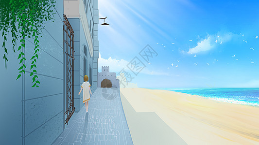 城市小巷海边的风景插画