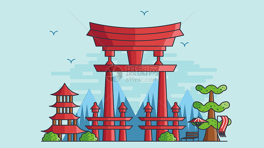日本神社城市风光建筑插画图片下载 正版图片 摄图网