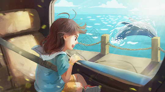 假日坐车旅行去看海的小女孩背景图片