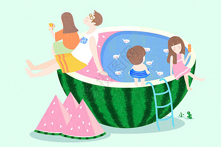 家人游泳夏日西瓜游泳池插画